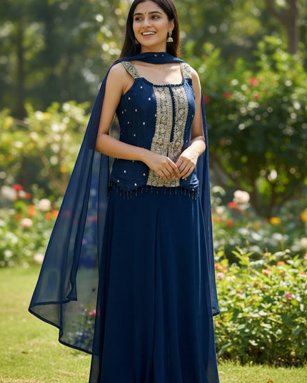 Kurti Connection USA navy blue sleeveless georgette palazzo suit with gold embroidery and sheer scarf.