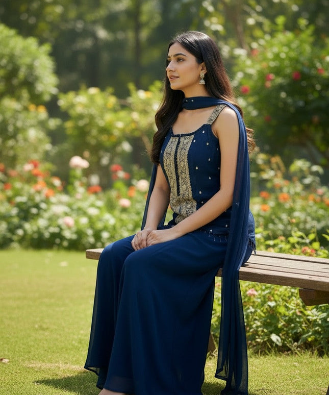 Kurti Connection USA navy blue georgette blend sleeveless palazzo suit with gold embroidery on yoke and matching scarf.