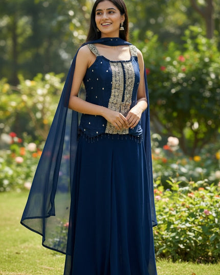 Kurti Connection USA navy blue georgette blend sleeveless palazzo suit with gold embroidery and sheer scarf.