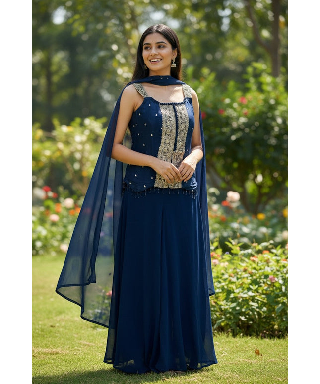 Kurti Connection USA navy blue georgette blend sleeveless palazzo suit with gold embroidery and sheer scarf.