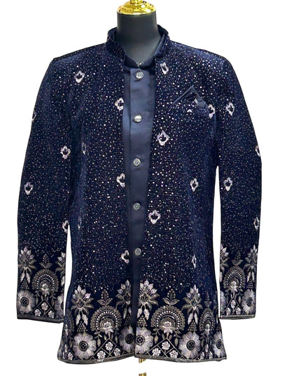 Kurti Connection USA navy blue embroidered Bandhgala suit with silver and white floral embroidery on collar, cuffs, and hem.