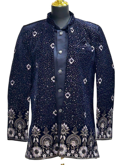 Kurti Connection USA navy blue embroidered Bandhgala suit with silver and white floral embroidery on collar, cuffs, and hem.