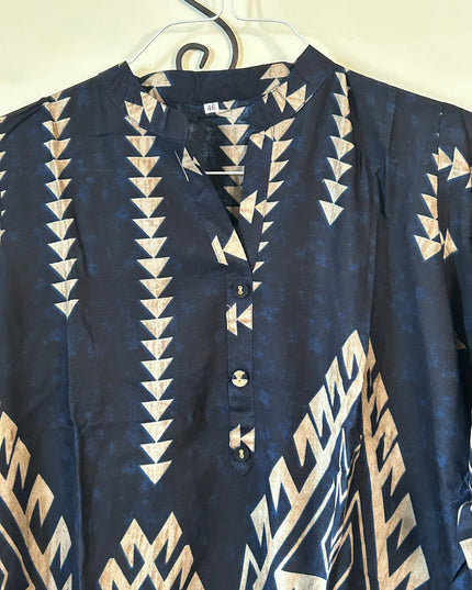 Kurti Connection USA dark navy tunic with beige geometric patterns, mandarin collar, and button-down placket.