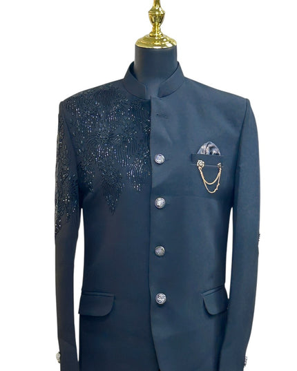 Kurti Connection USA men's navy blue Indo Western sherwani with intricate beadwork and a decorative pocket chain.