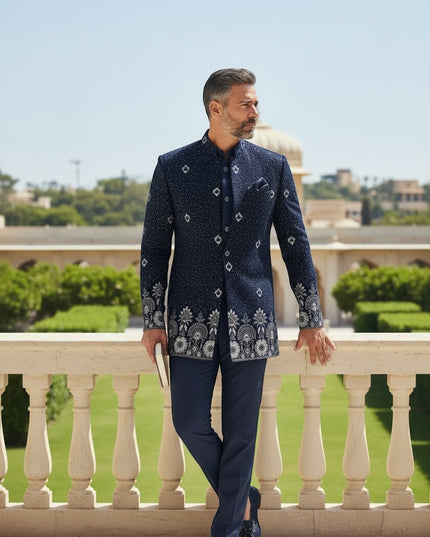 Kurti Connection USA navy blue embroidered Bandhgala suit with silver and white floral embroidery on collar, cuffs, and hem. Model wears tailored fit.