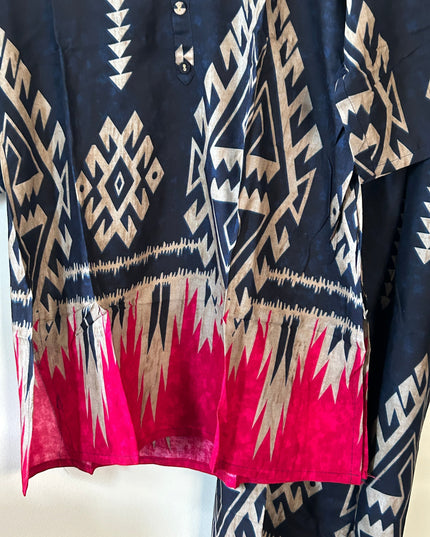 Kurti Connection USA navy tunic with beige geometric patterns and vibrant pink hem detail