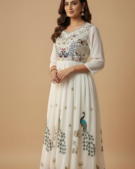 Kurti Connection USA off-white Anarkali dress with vibrant peacock embroidery, V-neckline, and three-quarter sleeves.