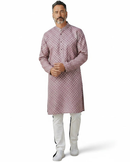 Kurti Connection USA men's onion pink patterned kurta with a mandarin collar worn with white trousers