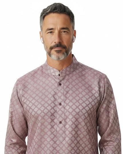 Kurti Connection USA men's onion pink kurta with a subtle geometric pattern and mandarin collar