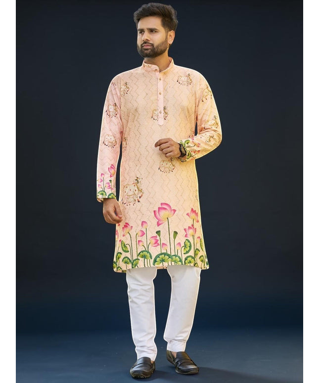 Kurti Connection USA men's peach floral print kurta with white pants, mandarin collar, button-down front, lotus motifs.