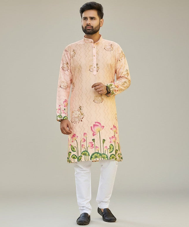 Kurti Connection USA men's peach floral print kurta with mandarin collar and white pants. Lightweight fabric with lotus motif.