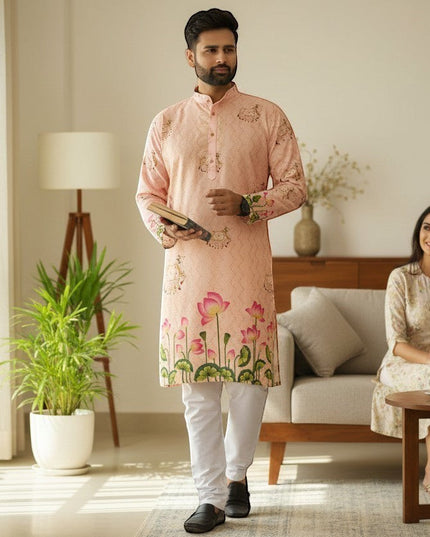 Kurti Connection USA men's peach floral print kurta with white pants. Mandarin collar, button-down front, lotus motif.