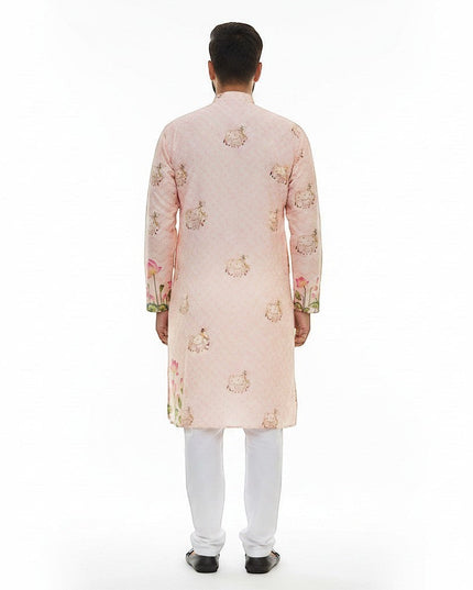 Kurti Connection USA men's light peach floral print kurta with mandarin collar and white pants.