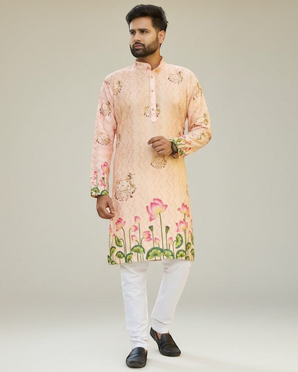 Kurti Connection USA men's peach floral print kurta with mandarin collar and white pants. Lightweight fabric, ideal for festive occasions.