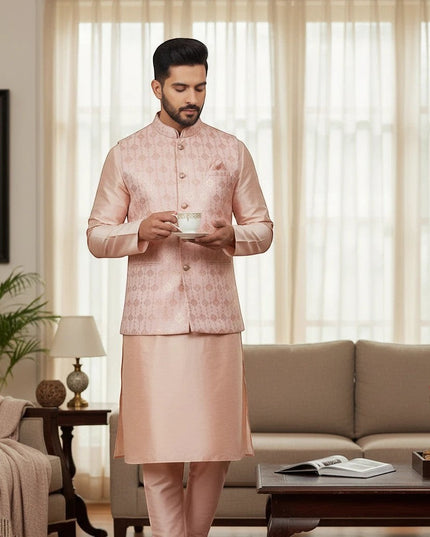 Man wearing a Kurti Connection USA peach kurta set with a patterned Nehru jacket in a sophisticated living room.
