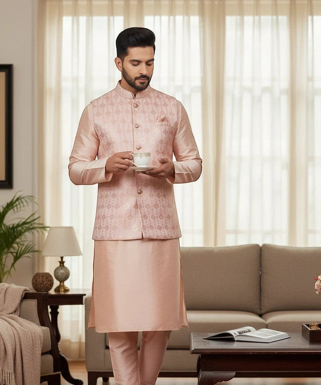 Man wearing a Kurti Connection USA peach kurta set with a patterned Nehru jacket in a sophisticated living room.