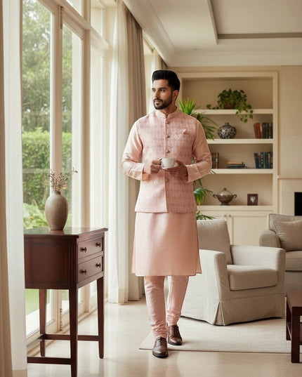 Man wearing a Kurti Connection USA peach kurta set with a textured Nehru jacket and trousers in a bright living room.