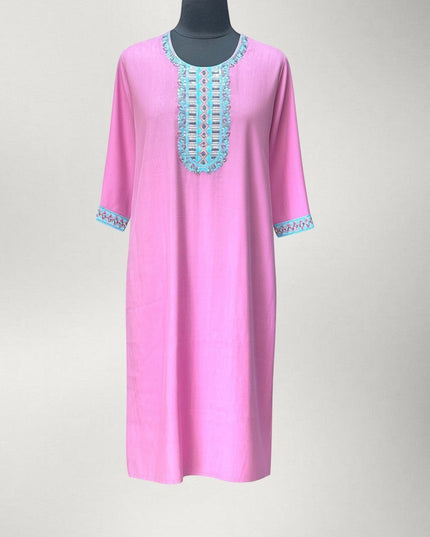 Kurti Connection USA pink kurti tunic with intricate multi-colored embroidery on the neckline and three-quarter sleeves
