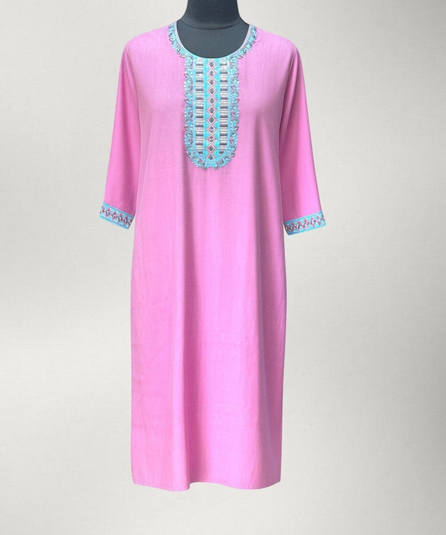 Kurti Connection USA pink kurti tunic with intricate multi-colored embroidery on the neckline and three-quarter sleeves