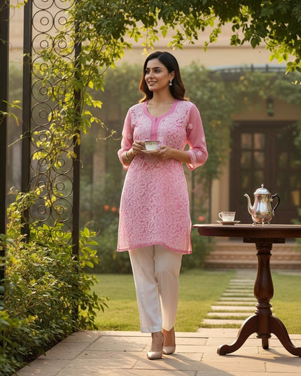 Kurti Connection USA pink kurti tunic with white floral embroidery, scoop neckline, and three-quarter sleeves.