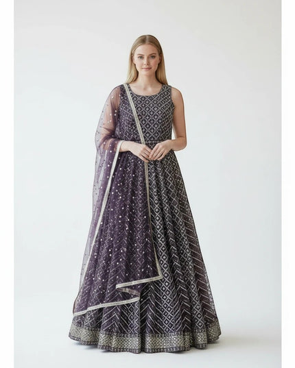 Kurti Connection USA plum sleeveless Anarkali gown with geometric embroidery, sequins, and a matching sheer dupatta.