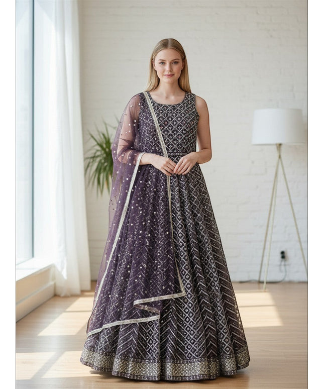 Kurti Connection USA sleeveless plum Anarkali gown with geometric embroidery, sequin work, and a matching sheer dupatta