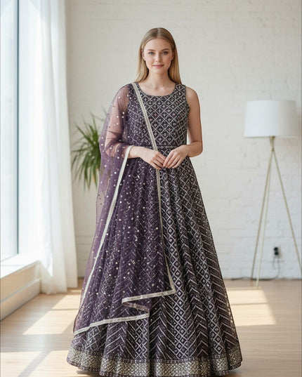 Kurti Connection USA sleeveless plum Anarkali gown with geometric embroidery, sequin work, and a matching sheer dupatta.