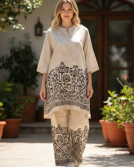 Kurti Connection USA beige kurti and pant set with black geometric botanical print, mandarin collar, and wide legs.