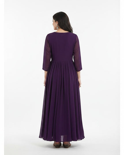 Kurti Connection USA purple georgette Anarkali gown with peacock embroidery on the bodice and flared skirt. Elegant, festive wear.