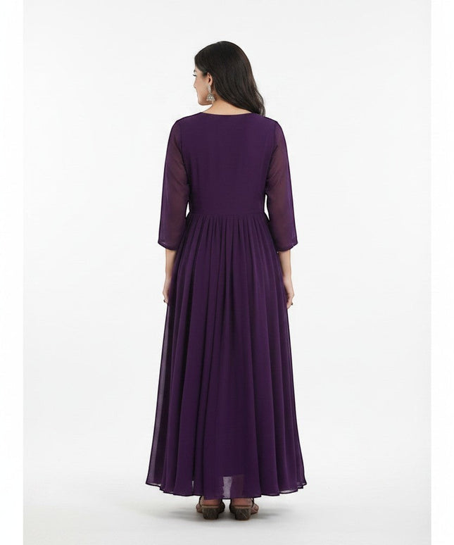 Kurti Connection USA purple georgette Anarkali gown with peacock embroidery on the bodice and flared skirt. Elegant, festive wear.