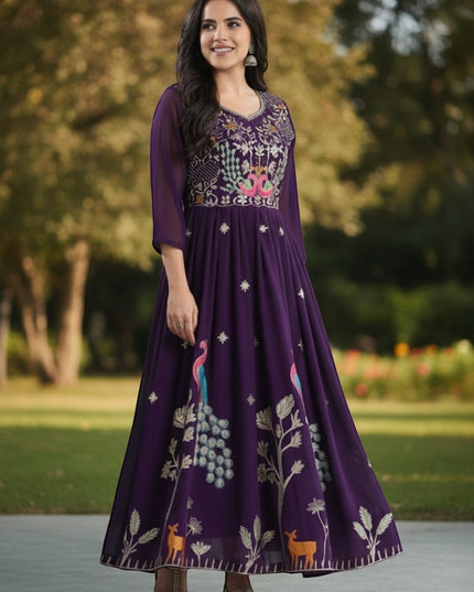 Kurti Connection USA purple georgette Anarkali gown with peacock embroidery on bodice and skirt, deer and tree motifs.