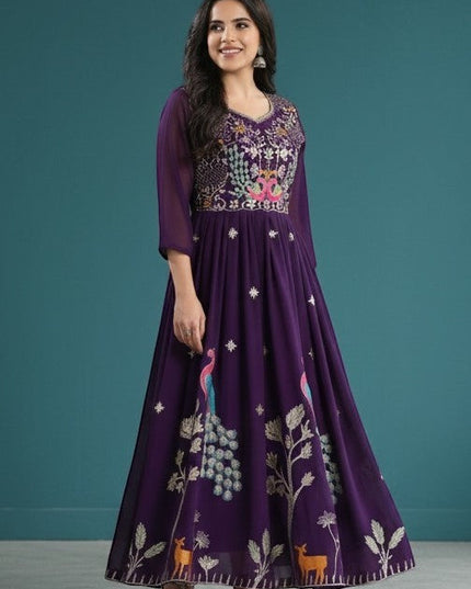 Kurti Connection USA purple georgette Anarkali gown with peacock, deer, and floral embroidery on bodice and skirt.