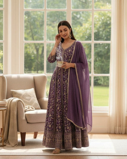 Kurti Connection USA purple embroidered Anarkali suit with dupatta, featuring a vibrant all-over print and flowing silhouette.