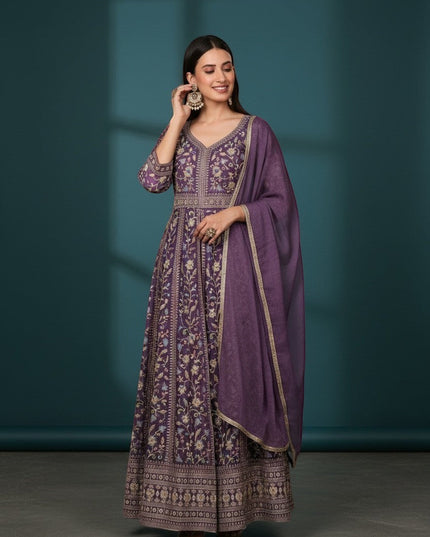 Kurti Connection USA purple embroidered Anarkali suit with all-over print and dupatta. V-neck, 3/4 sleeves, flowing silhouette.