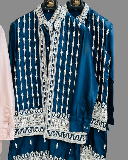 Kurti Connection USA men's purple embroidered kurta set with traditional white sherwani-style patterns and half jacket
