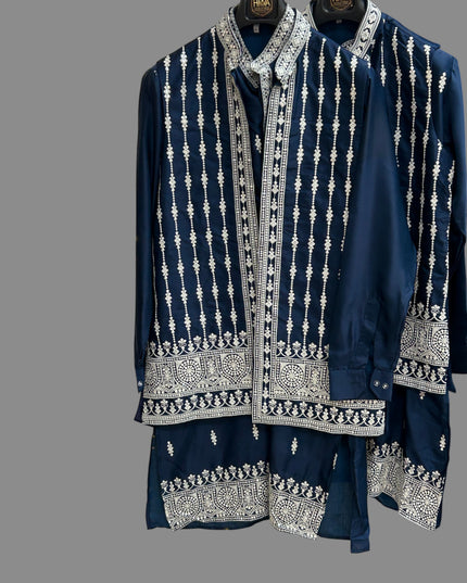 Kurti Connection USA men's purple kurta set with white traditional embroidery and a structured half jacket design.