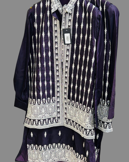 Kurti Connection USA purple men's kurta set with white traditional embroidery and structured half jacket overlay