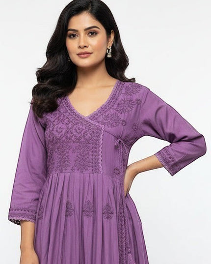 Kurti Connection USA purple embroidered wrap maxi dress with V-neck and 3/4 sleeves.