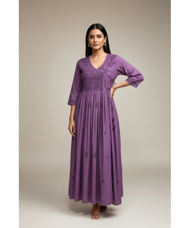 Kurti Connection USA purple embroidered wrap maxi dress with V-neck and flowing skirt.