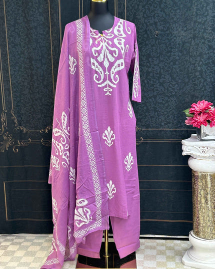 Kurti Connection USA purple three-piece ethnic suit set with white block-print motifs, matching trousers, and dupatta.