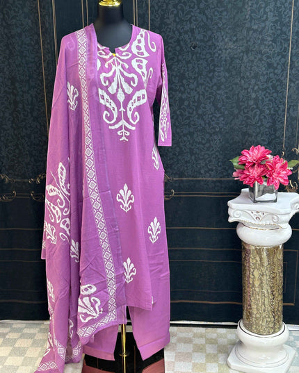 Kurti Connection USA purple three-piece suit set with white traditional block-print motifs and matching dupatta