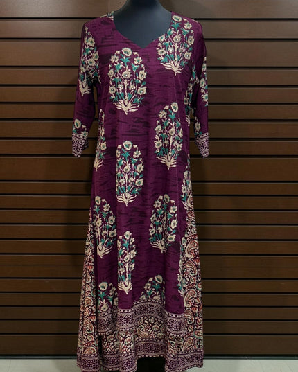 Kurti Connection USA deep purple long kurti dress featuring a V-neckline, three-quarter sleeves, and floral motifs.