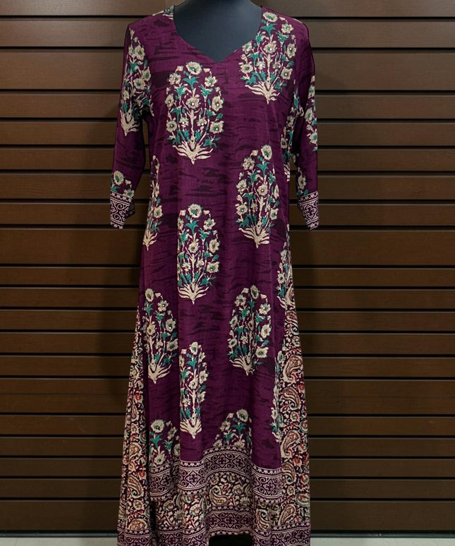 Kurti Connection USA deep purple long kurti dress featuring a V-neckline, three-quarter sleeves, and floral motifs.