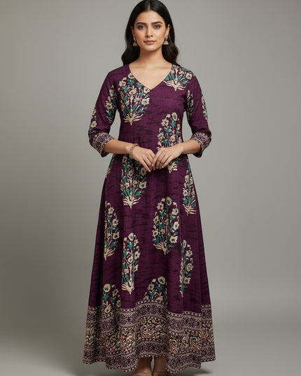 Kurti Connection USA deep purple long kurti dress with floral print, V-neck, and three-quarter sleeves on a model.