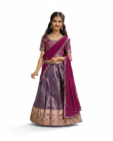 Kurti Connection USA girls purple pattu lehenga with intricate gold zari border and matching embroidered dupatta