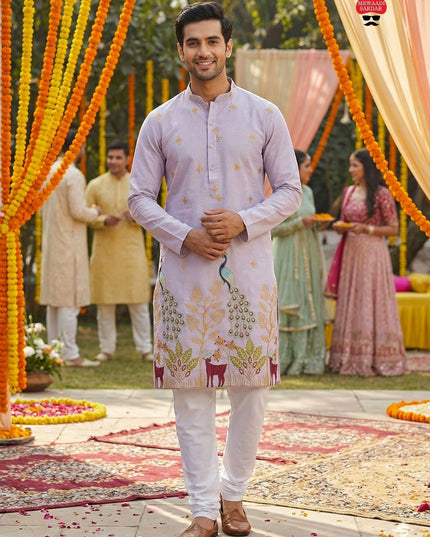 Kurti Connection USA light purple silk kurta set with intricate embroidery of peacocks and deer, paired with white pajama.