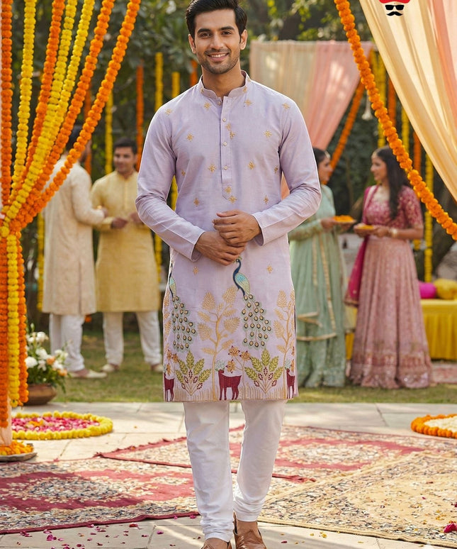 Kurti Connection USA light purple silk kurta set with intricate embroidery of peacocks and deer, paired with white pajamas.