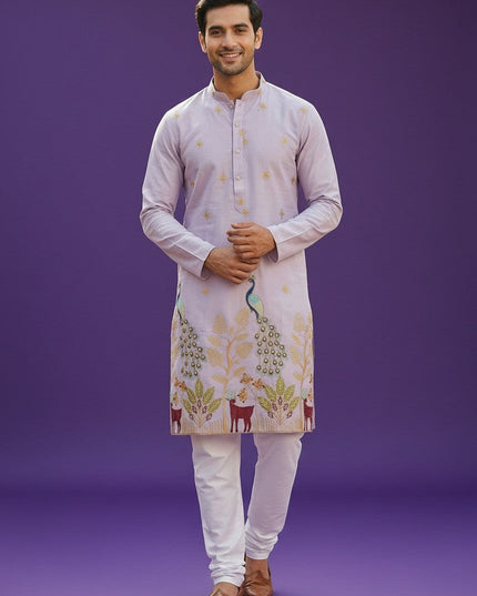 Kurti Connection USA light purple silk kurta set with intricate embroidery of peacocks and deer, paired with white pajama.