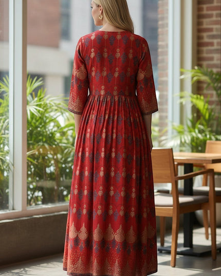 Kurti Connection USA red Anarkali kurti with gold and navy blue print, detailed yoke, and graceful flare.