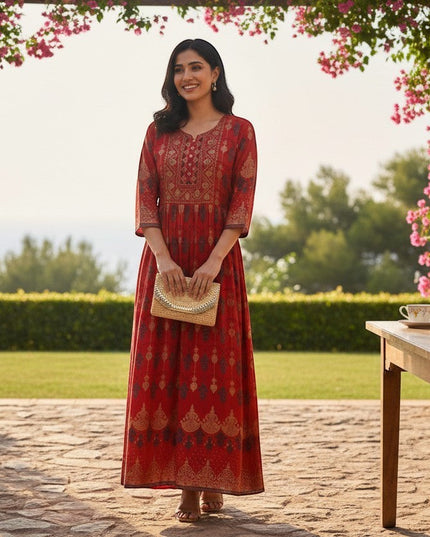 Kurti Connection USA red Anarkali kurti with gold and navy blue prints, detailed yoke, and flowing flare.